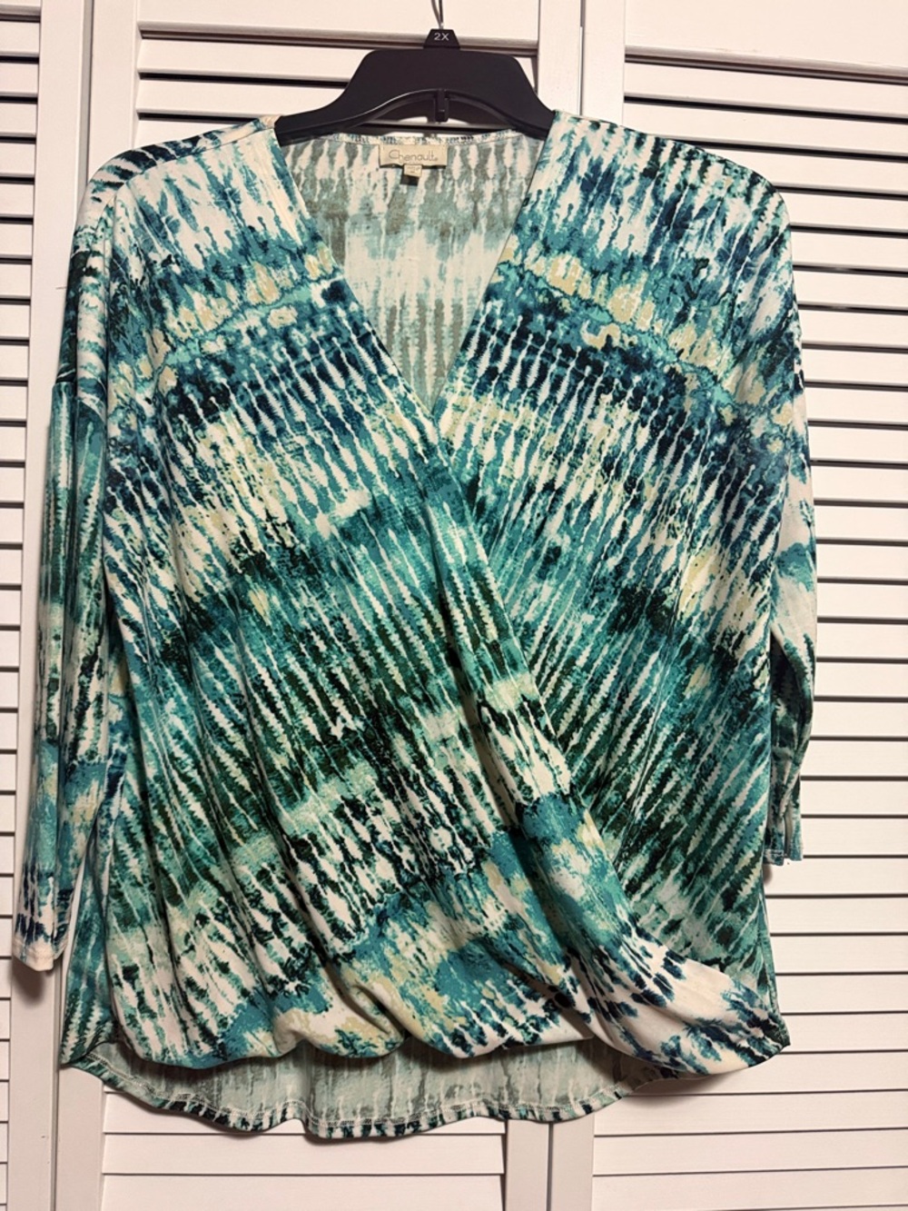 Chenault Teal and Cream Women's Wrap Style Blouse Size M